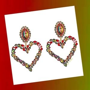 Green & Red Rhinestone Heart Statement Post Earrings